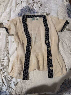 Anthropologie Cream Knit Short-Sleeve Cardigan with Navy Trim